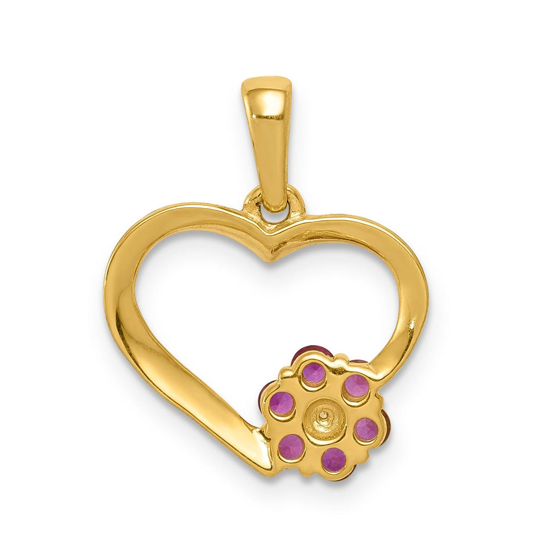 14k Yellow Gold Polished Finish Closed Back 0.003-CT Diamond & 0.21-CT Ruby Stones Heart and Flower Design Charm Pendant