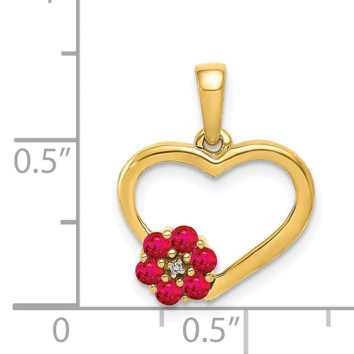 14k Yellow Gold Polished Finish Closed Back 0.003-CT Diamond & 0.21-CT Ruby Stones Heart and Flower Design Charm Pendant