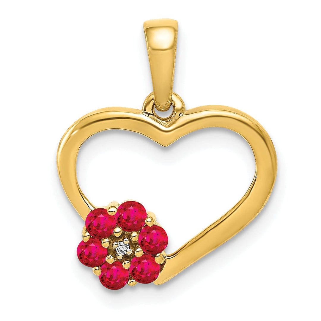 14k Yellow Gold Polished Finish Closed Back 0.003-CT Diamond & 0.21-CT Ruby Stones Heart and Flower Design Charm Pendant