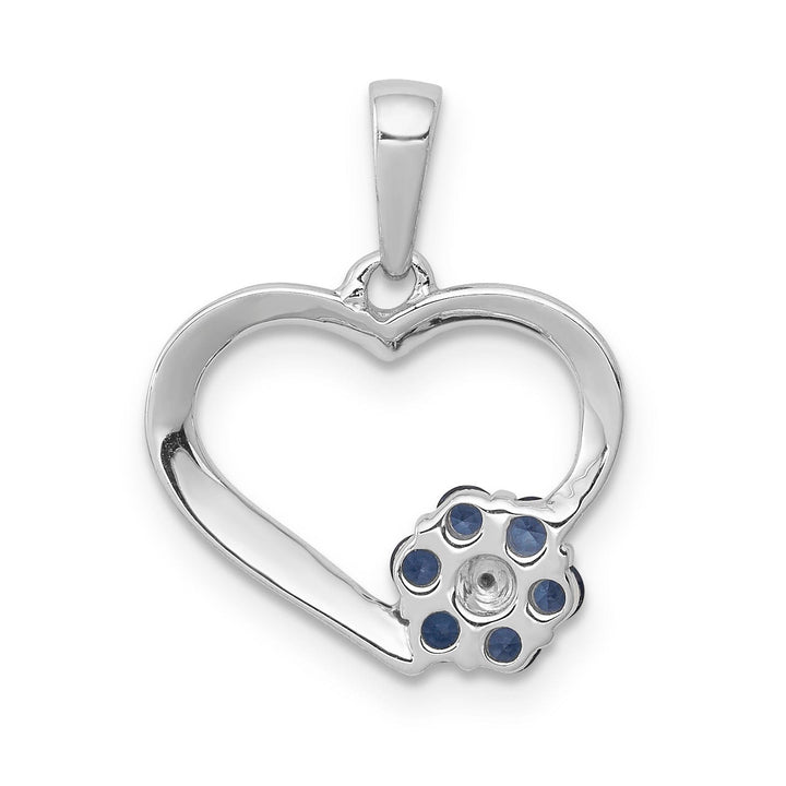14k White Gold Polished Finish Closed Back 0.003-CT Diamond & 0.21-CT Sapphire Stones Heart and Flower Design Charm Pendant