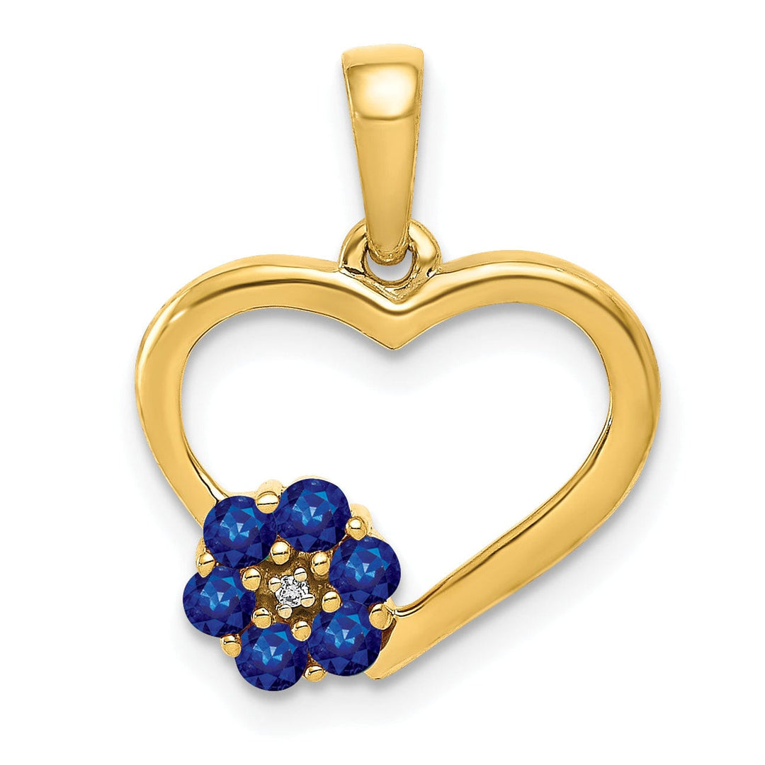 14k Yellow Gold Polished Finish Closed Back 0.003-CT Diamond & 0.21-CT Sapphire Stones Heart and Flower Design Charm Pendant