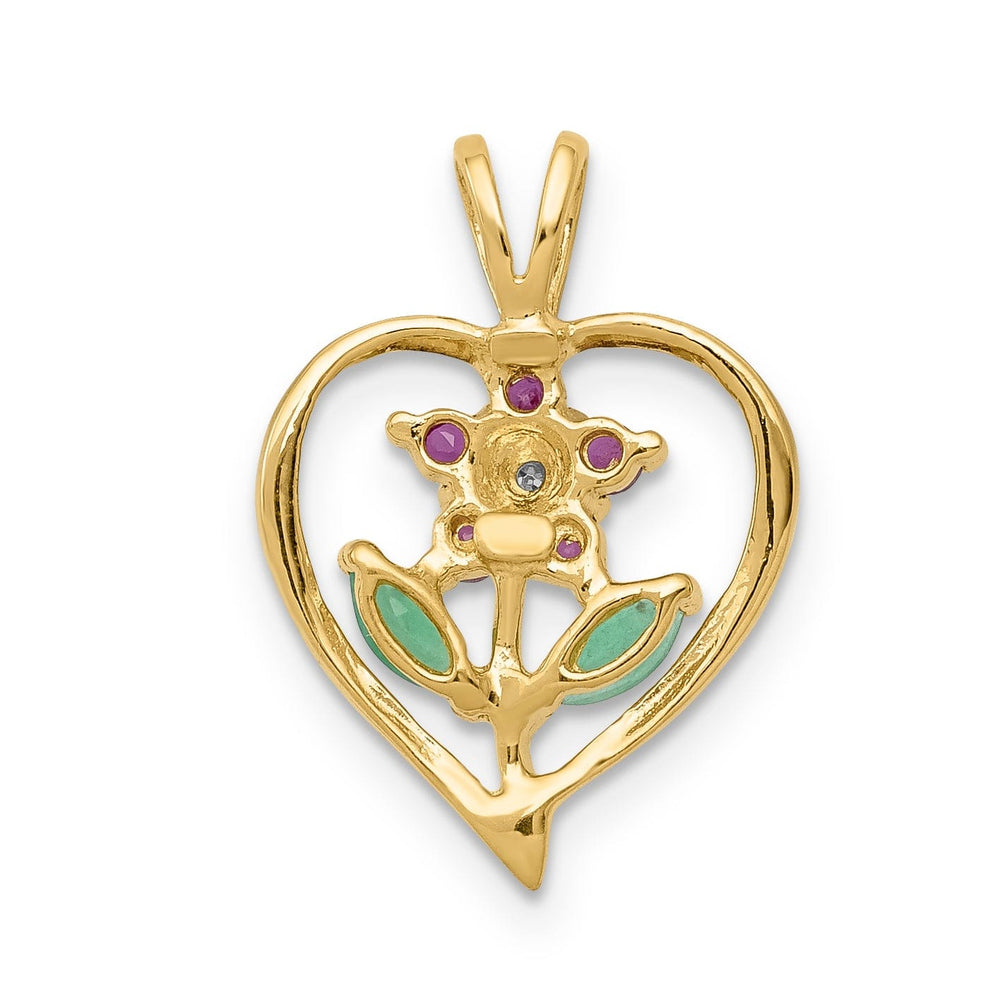 14k Yellow Gold Polished Finish Open Back 0.315-CT Ruby/Emerald/0.003-CT Diamond Beautiful Flower in Heart Design Charm Pendant