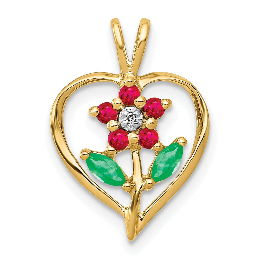 14k Yellow Gold Polished Finish Open Back 0.315-CT Ruby/Emerald/0.003-CT Diamond Beautiful Flower in Heart Design Charm Pendant