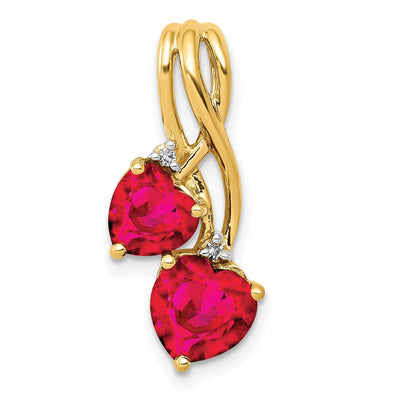 14k Yellow Gold Polished Finish Open Back Lab Created 2-CT Ruby & 0.02-CT Diamond Double Stone Design Heart Charm Pendant will fit Omega 3 mm chain