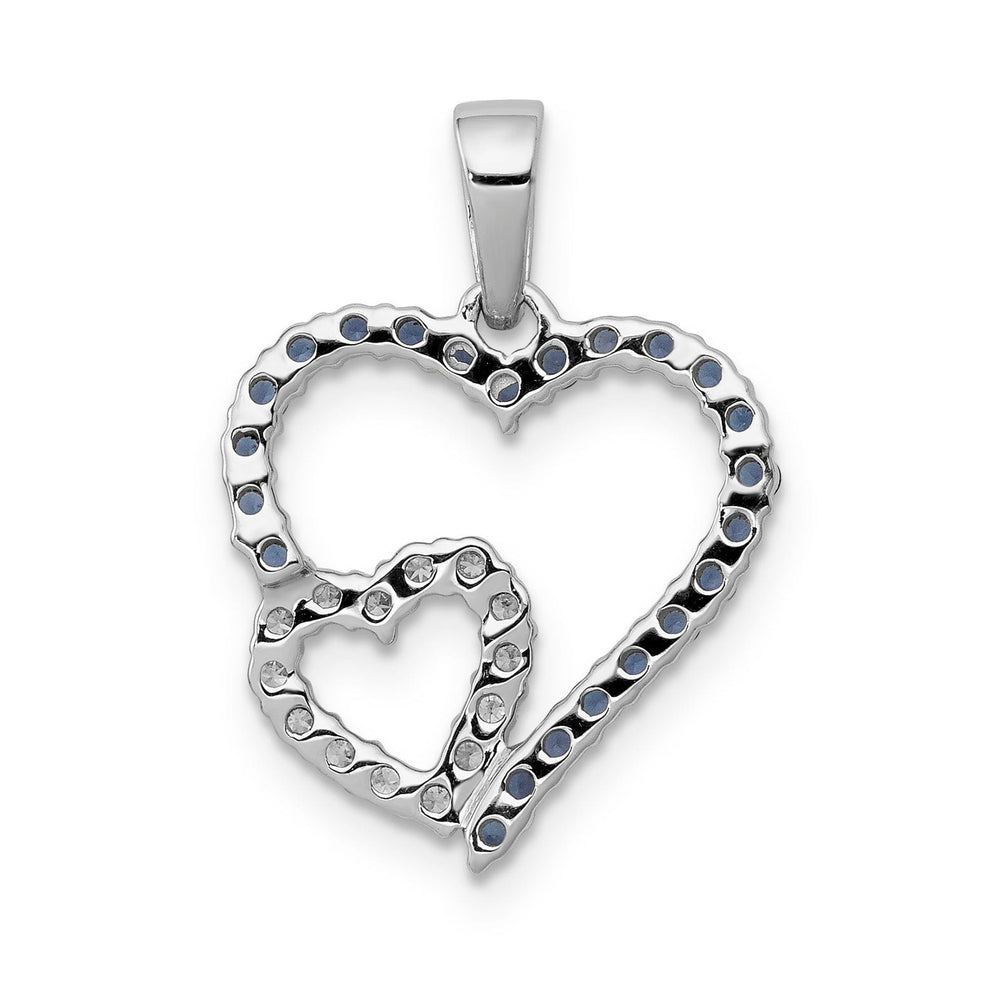 14k White Gold Polished Finish Open Back 0.112-CT Diamond & 0.3-CT Sapphire Stones Double Heart in Heart Design Charm Pendant