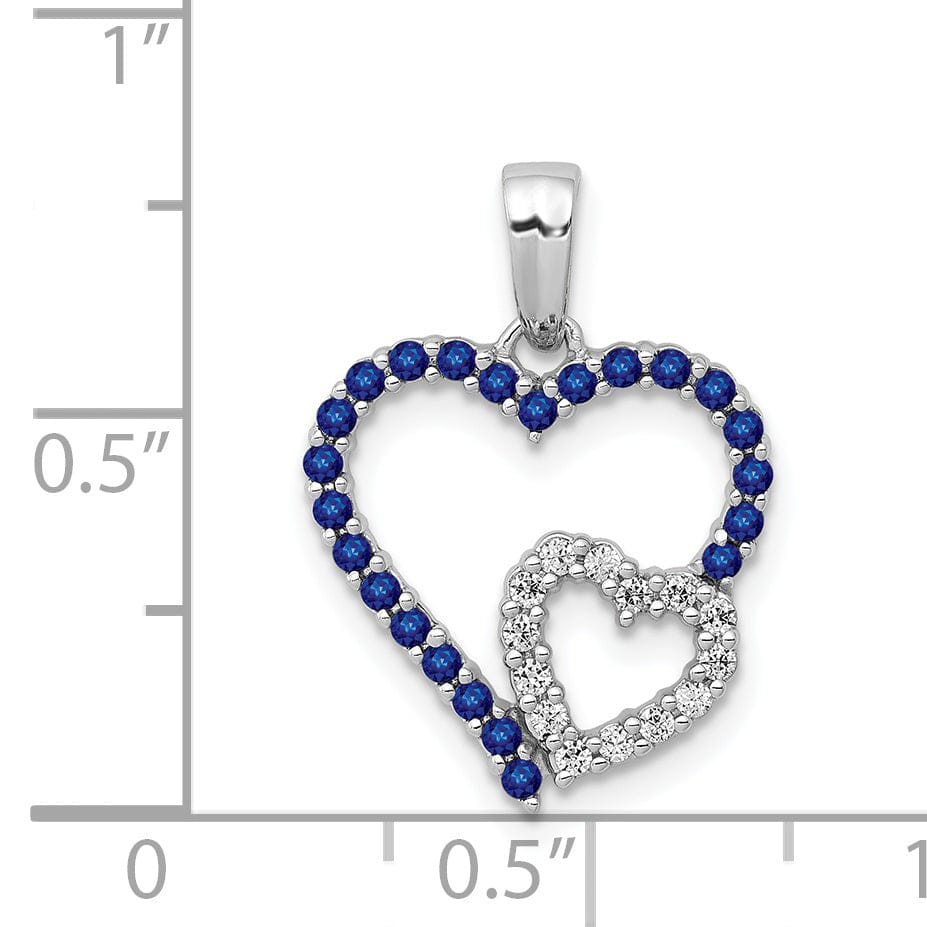 14k White Gold Polished Finish Open Back 0.112-CT Diamond & 0.3-CT Sapphire Stones Double Heart in Heart Design Charm Pendant