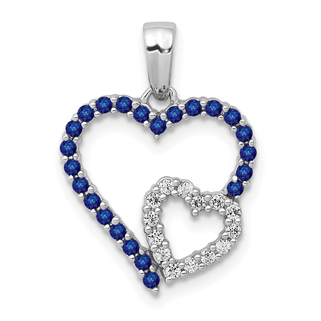 14k White Gold Polished Finish Open Back 0.112-CT Diamond & 0.3-CT Sapphire Stones Double Heart in Heart Design Charm Pendant