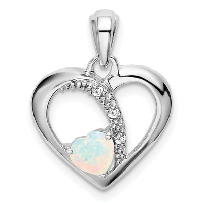 14k White Gold Polished Finish Open Back Lab Created 0.382-CT Opal and 0.03-CT Diamond Women's Heart Design Charm Pendant