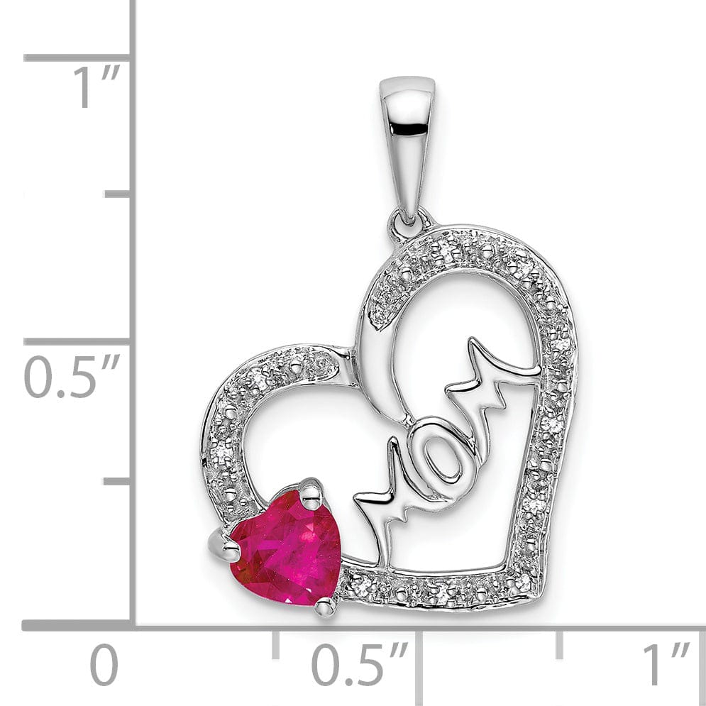 14k White Gold Polished Finish Open Back 0.575-CT Ruby & 0.05-CT Diamond MOM Stone in Heart Design Charm Pendant
