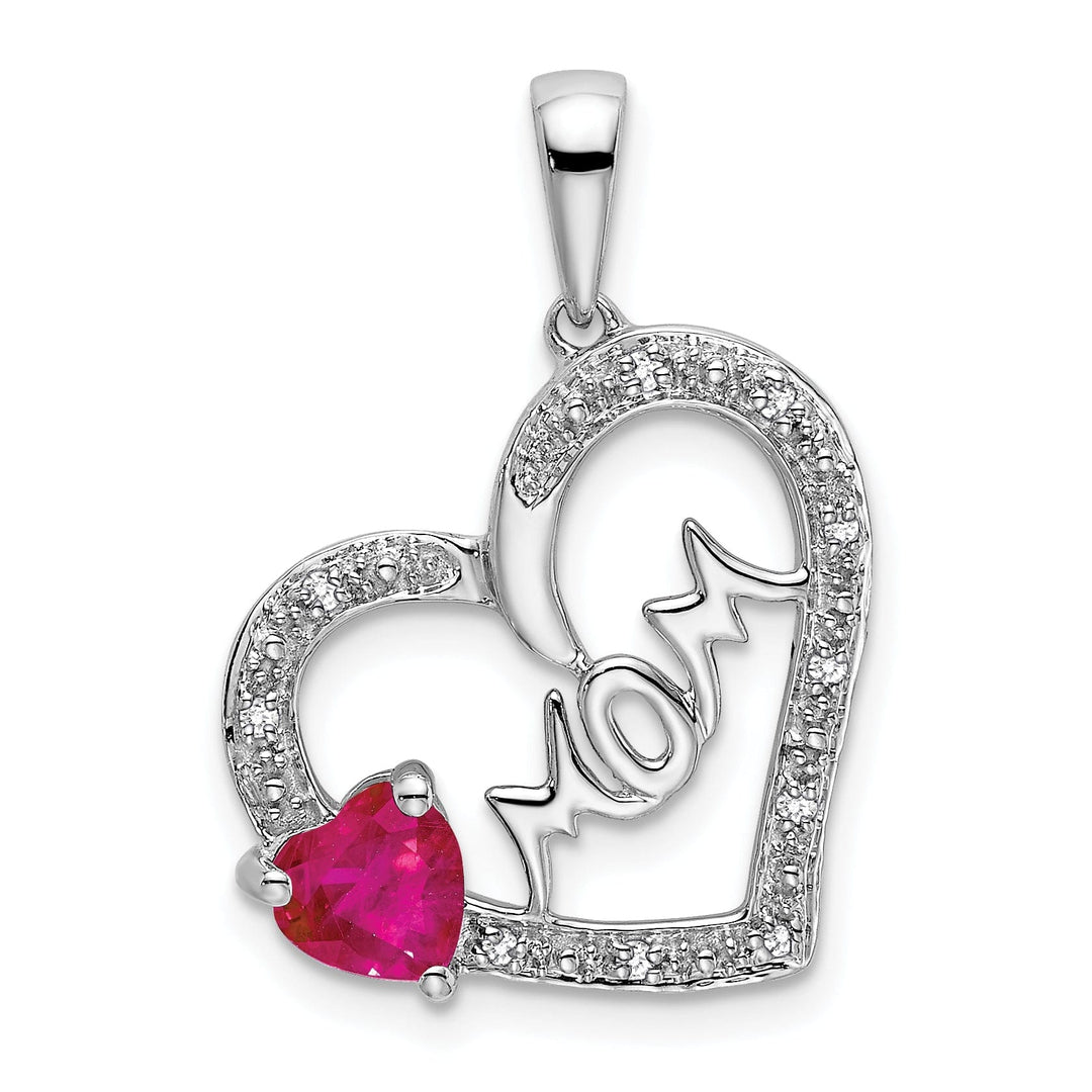 14k White Gold Polished Finish Open Back 0.575-CT Ruby & 0.05-CT Diamond MOM Stone in Heart Design Charm Pendant