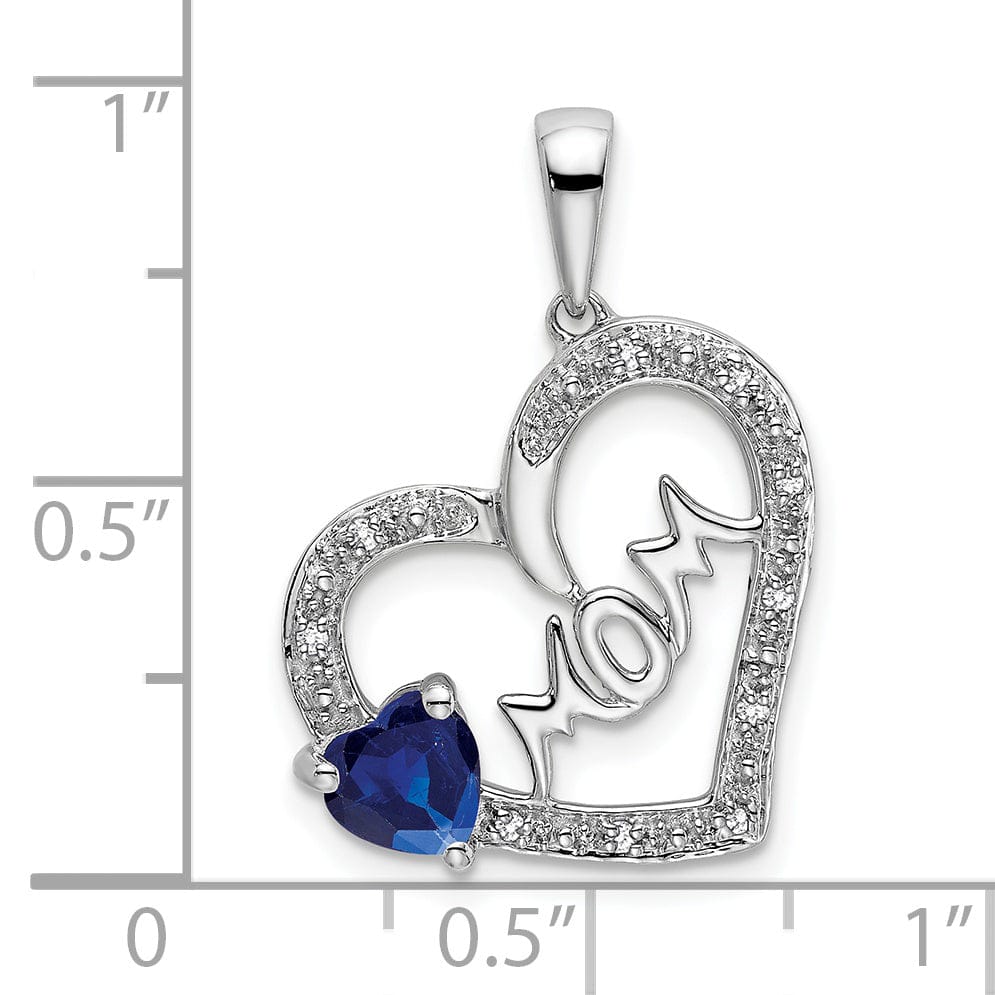 14k White Gold Polished Finish Open Back 0.575-CT Sapphire & 0.05-CT Diamond MOM Stone in Heart Design Charm Pendant