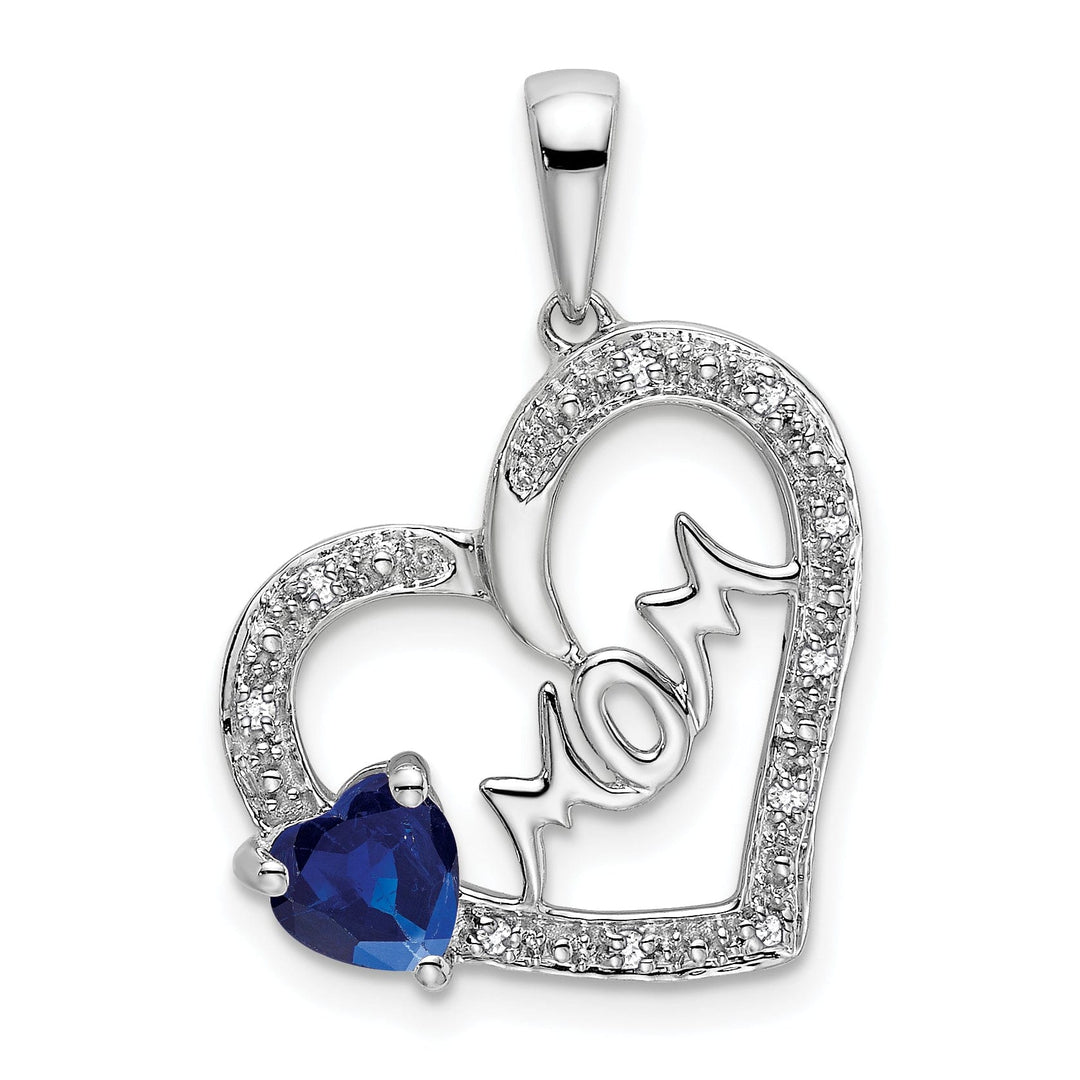 14k White Gold Polished Finish Open Back 0.575-CT Sapphire & 0.05-CT Diamond MOM Stone in Heart Design Charm Pendant