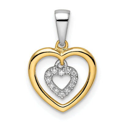 14k Two Tone Gold Closed Back Polished Finish Women's Heart with Dangle Heart Design 0.045-CT Diamond Charm Pendant