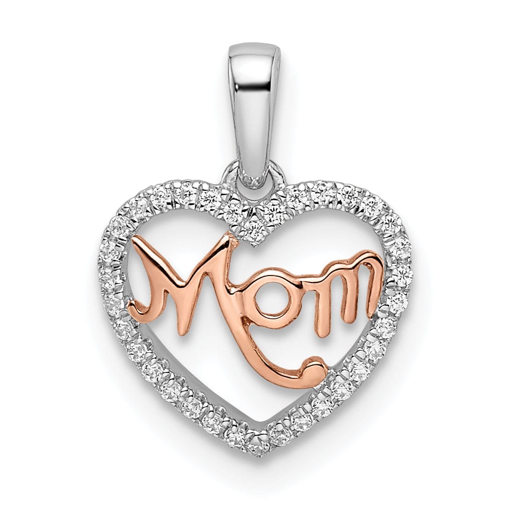 14k White Rose Gold 0.102-CT Diamond Mom Script in Heart Design Pendant