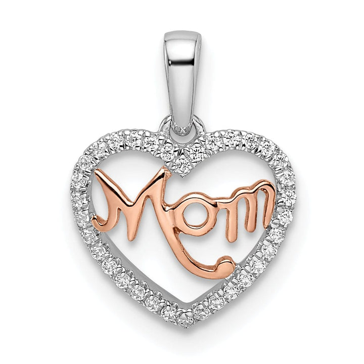 14k White Rose Gold 0.102-CT Diamond Mom Script in Heart Design Pendant