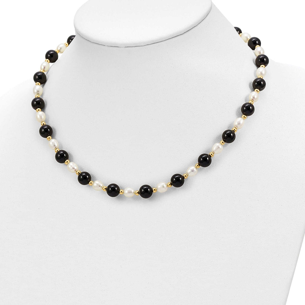 14k Gold Fancy White Cultured Pearl Onyx Necklace