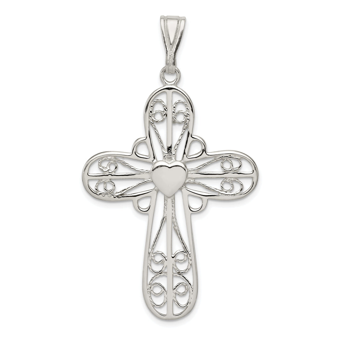 Silver Polished Finish Heart Cross Pendant