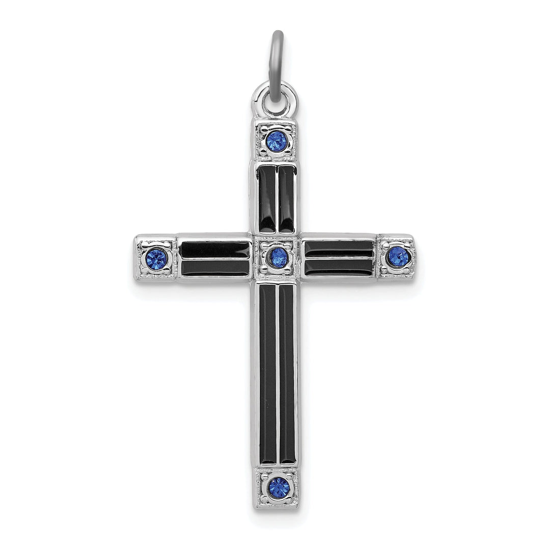 Silver Black Enamel Blue CZ Latin Cross Pendant