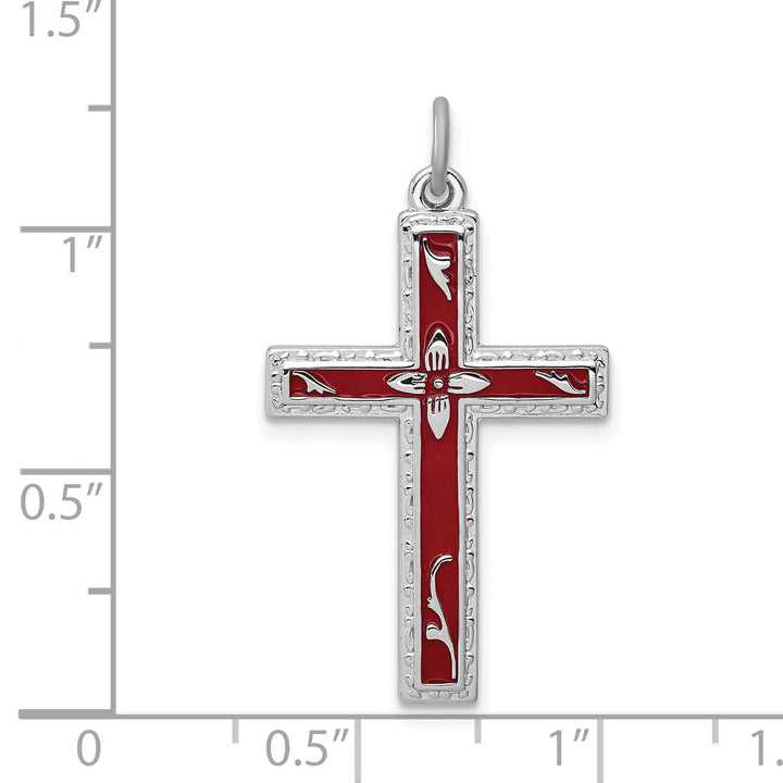 Silver Polished Red Enamel Latin Cross Pendant