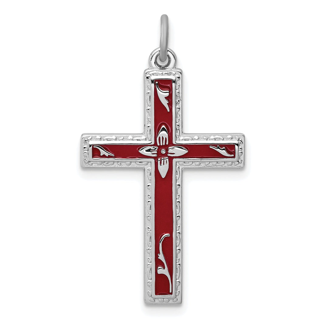 Silver Polished Red Enamel Latin Cross Pendant