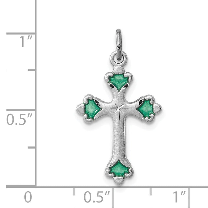 Sterling Silver Green Enameled Budded Cross Charm