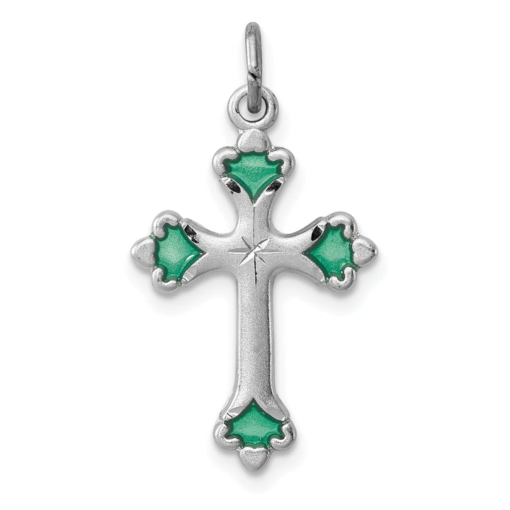 Sterling Silver Green Enameled Budded Cross Charm