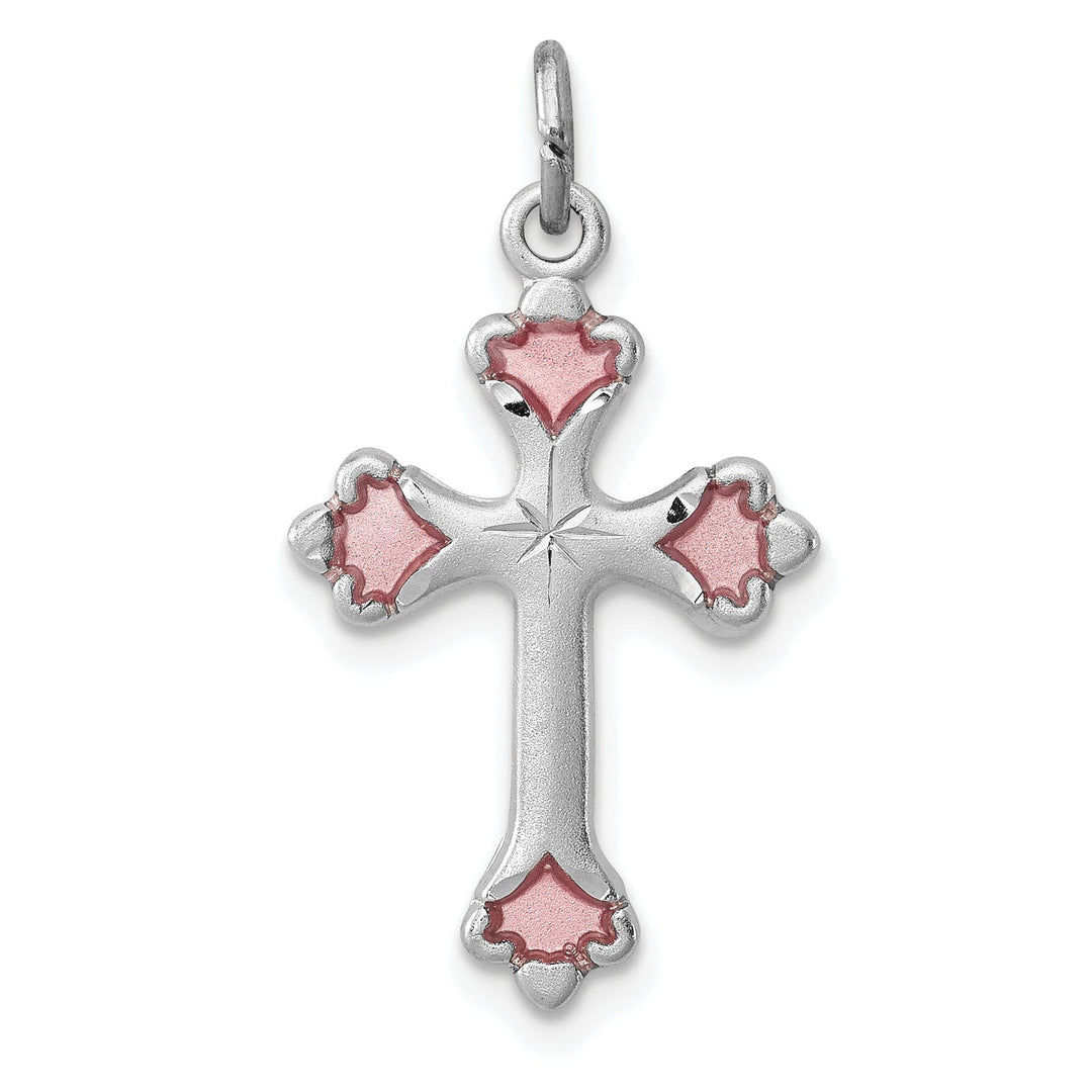 Sterling Silver Pink Enameled Budded Cross Charm