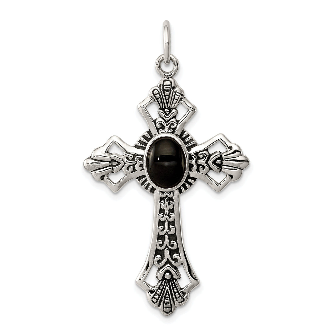 Silver Antique Polish Finish Onyx Cross Pendant