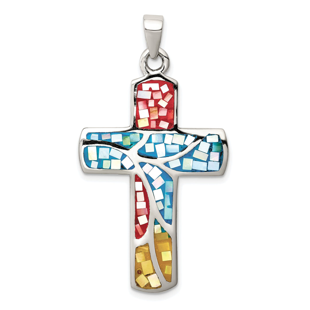Silver Textured Mulit Color Shell Cross Pendant