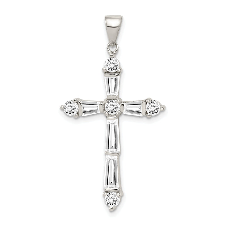 Silver Polish Baguette Round C.Z Cross Pendant