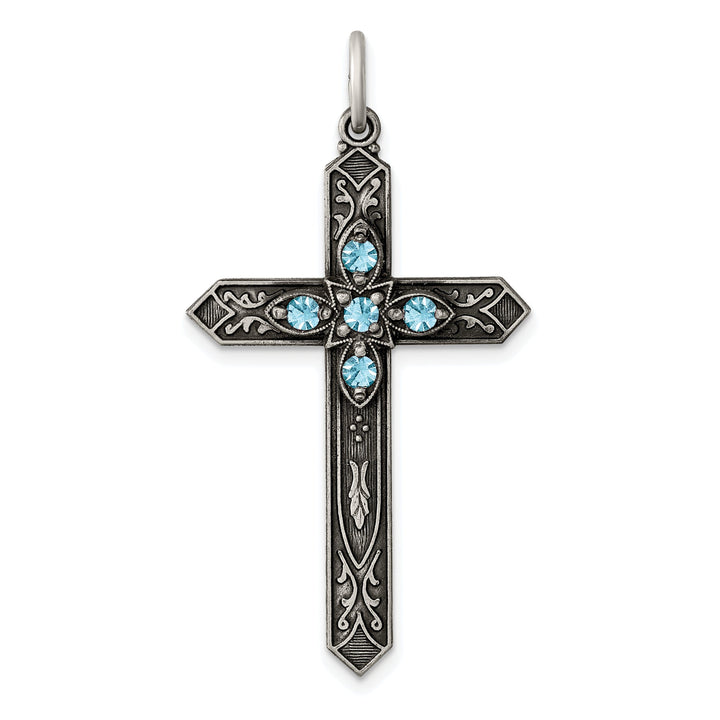 Silver Antique March Birthstone Cross Pendant