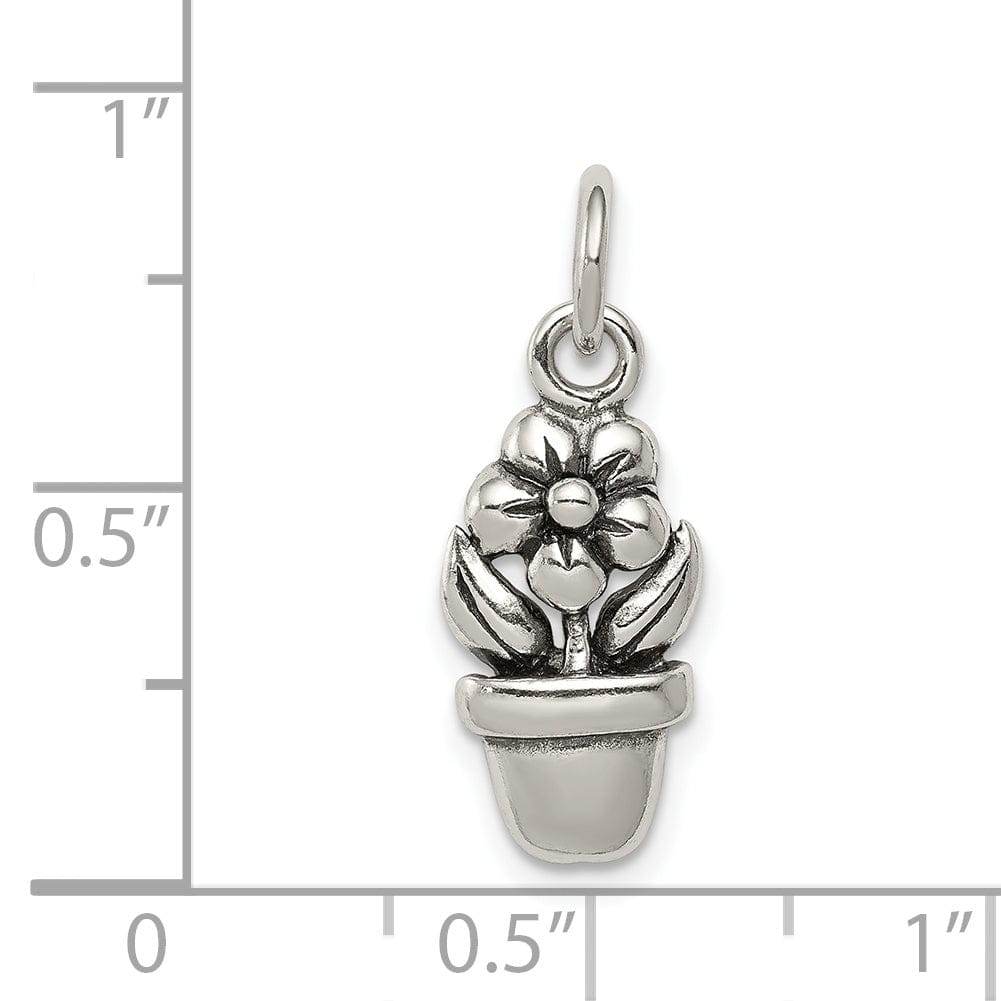 Silver Polished Antique Flower in a Pot Charm