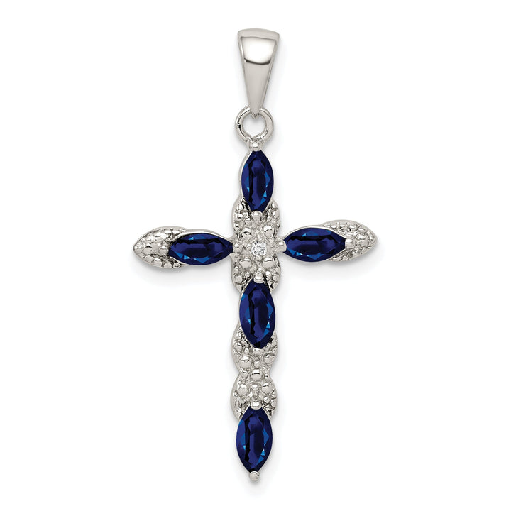 Silver Polished Sapphire Diamond Cross Pendant