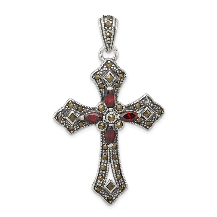 Silver Antique Red C.Z Marcasite Cross Pendant