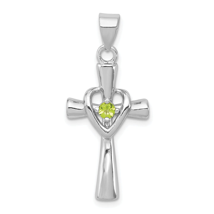 Silver Polished Peridot Heart Cross Pendant