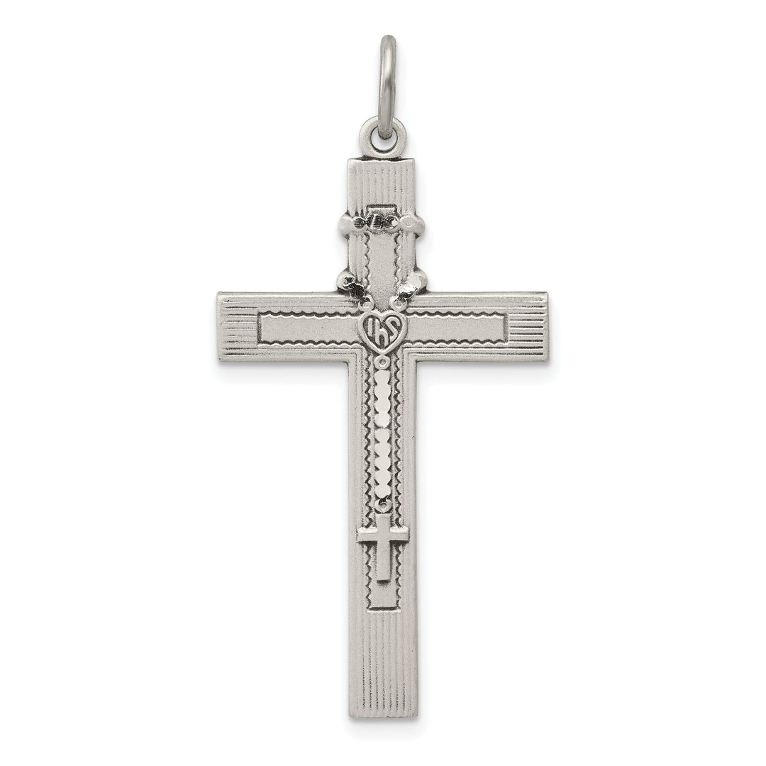 Silver Satin Antique Rosary Latin Cross Pendant