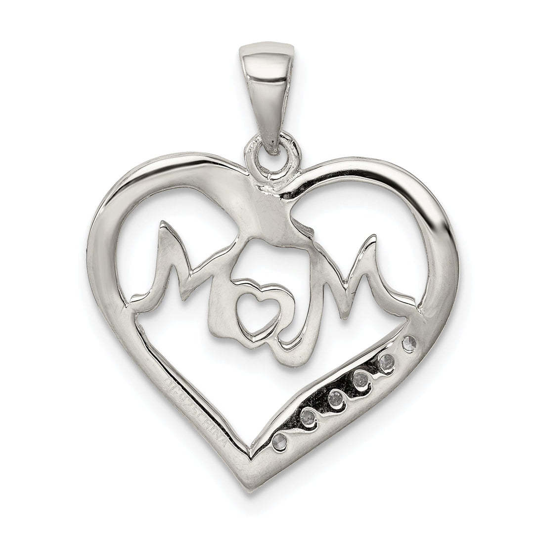 Silver Polished CZ Open Back Heart MOM Pendant