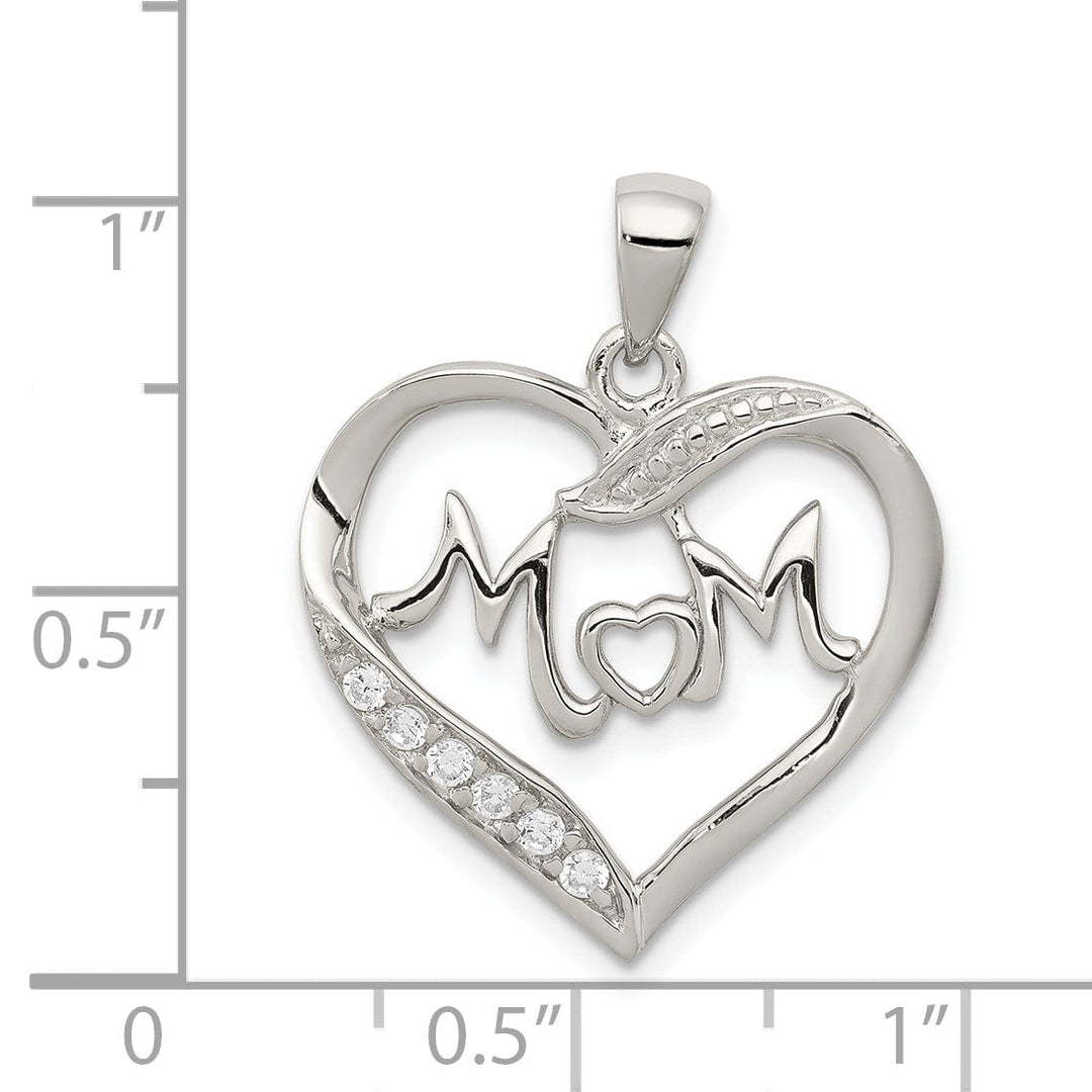 Silver Polished CZ Open Back Heart MOM Pendant