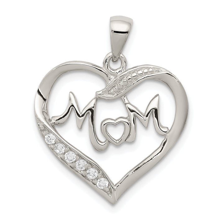 Silver Polished CZ Open Back Heart MOM Pendant