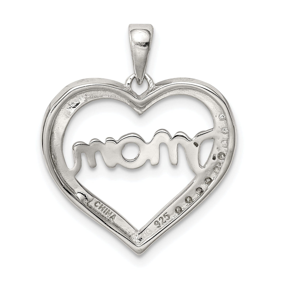 Silver Polished CZ Open Back Heart MOM Pendant