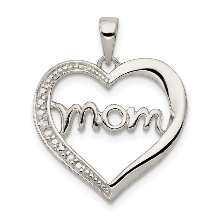 Silver Polished CZ Open Back Heart MOM Pendant