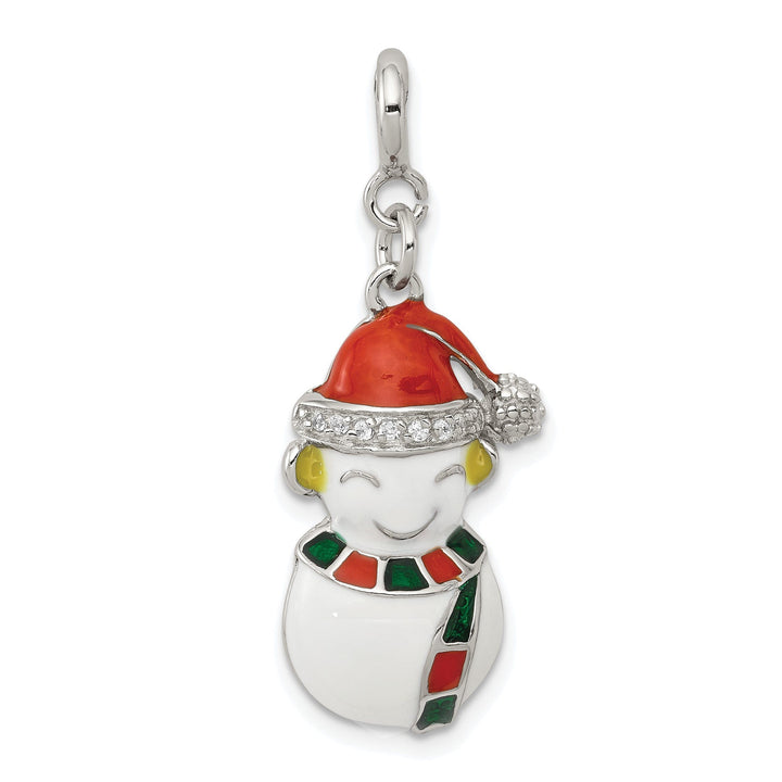 Silver Cubic Zirconia Enameled Snowman Charm