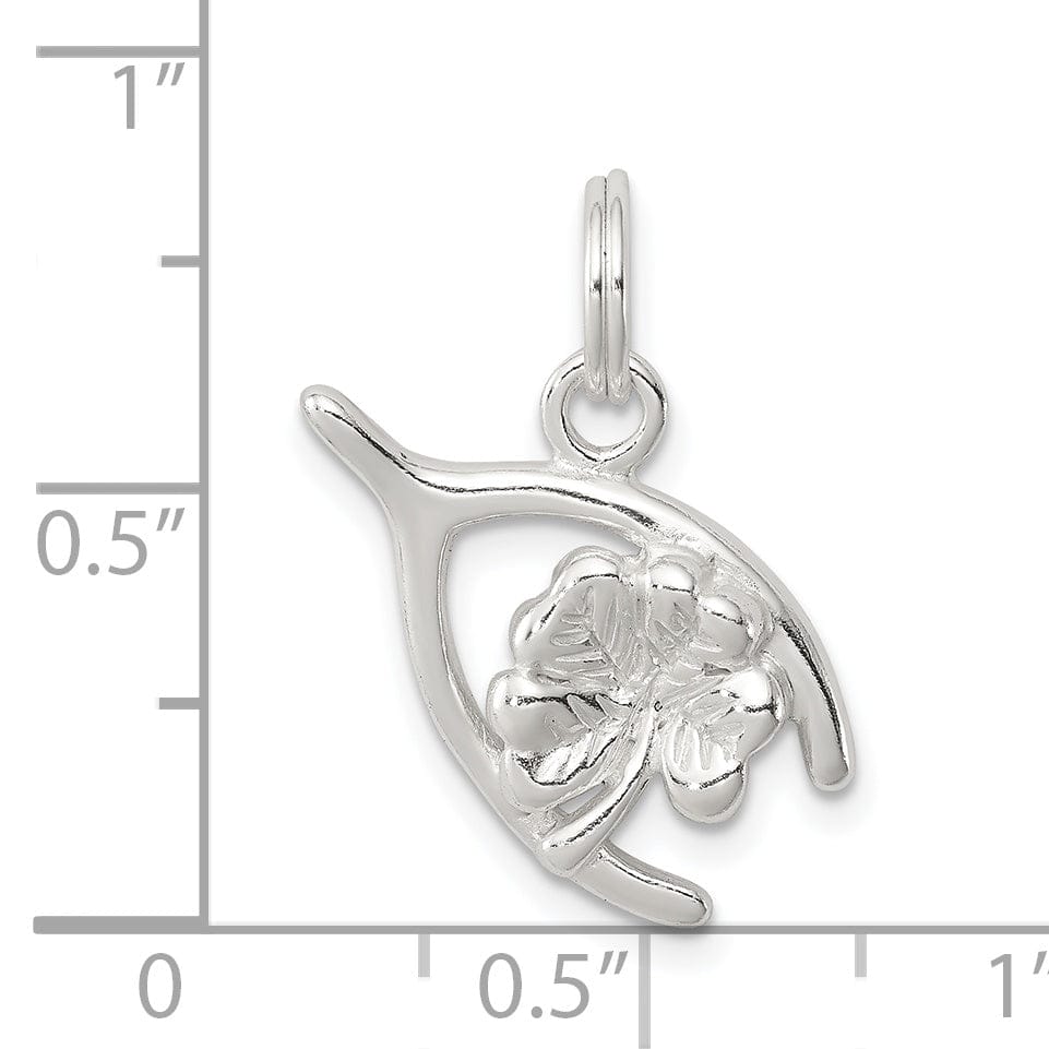 Silver Polished Four Leaf Clover Wishbone Charm