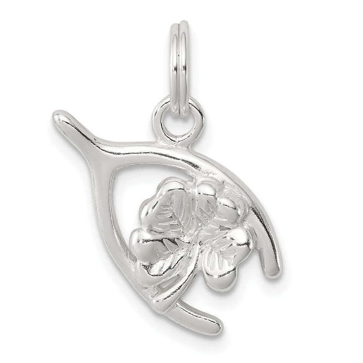 Silver Polished Four Leaf Clover Wishbone Charm