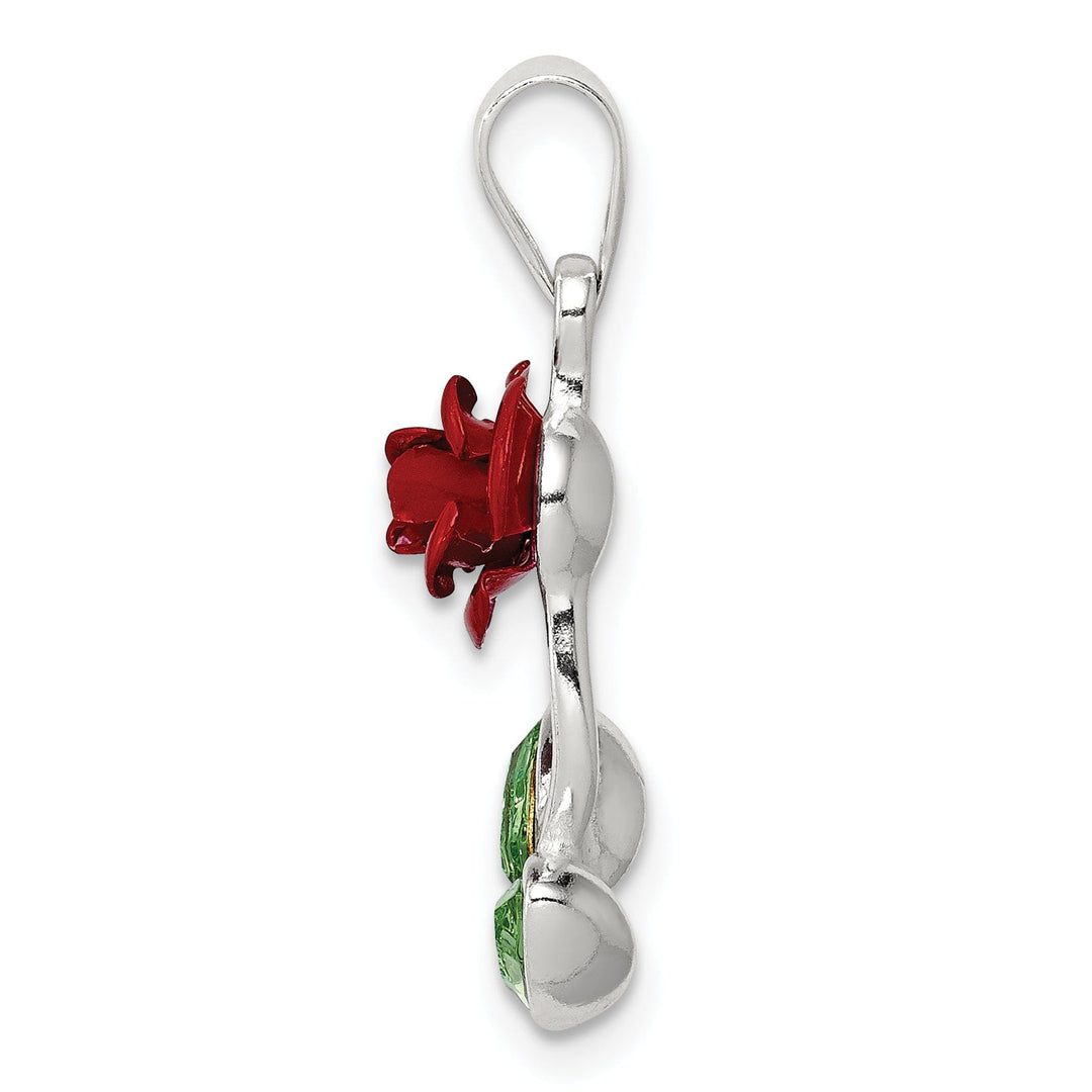 Silver Polished Red Enamel Green Rose Charm