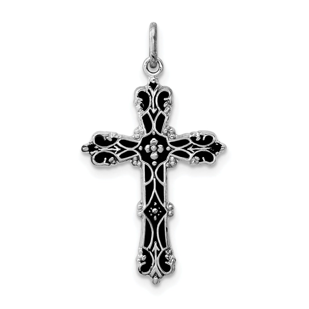 Silver Polish Finish Black Epoxy Cross Pendant