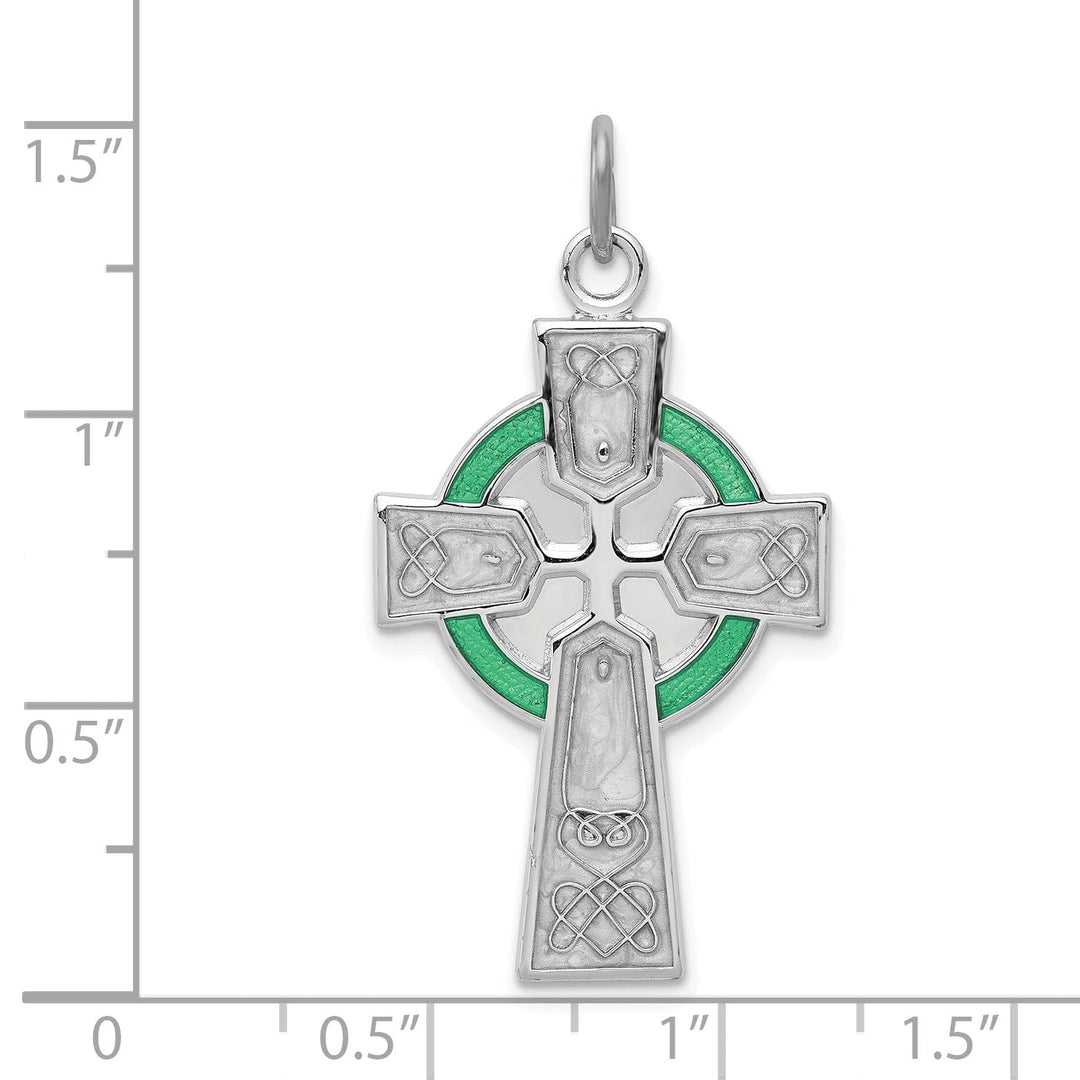 Silver Polished Green Epoxy Irish Cross Pendant