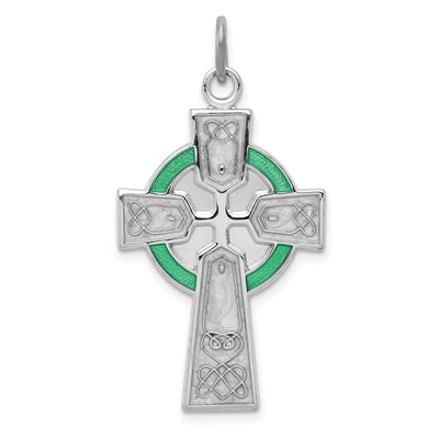 Silver Polished Green Epoxy Irish Cross Pendant