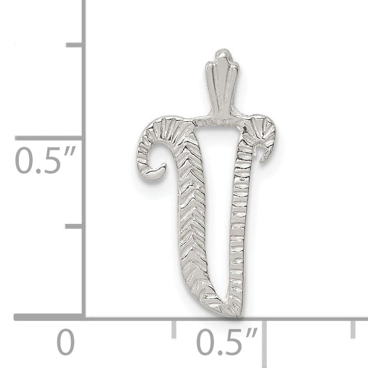 Silver Polished Textured Letter V Charm Pendant