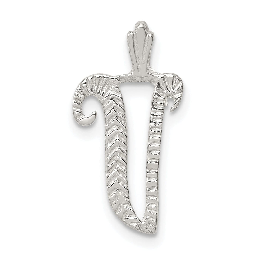 Silver Polished Textured Letter V Charm Pendant